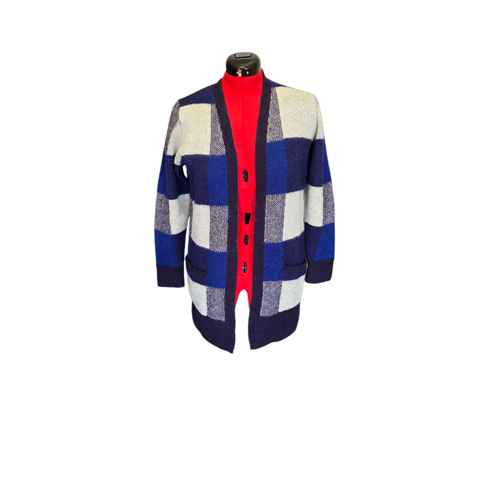 Lucky Brand blue and white plaid open front cardigan w pockets, size small
